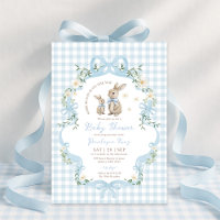 Lapin à l'arc bleu Gingham Floral Baby Shower Garç