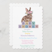 Invitation Lapin Aquarelle Avec Baby shower Fleur Couronne (Devant / Derrière)