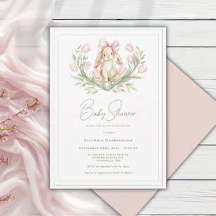 Invitation Lapin aux tulipes roses ruban Baby Shower