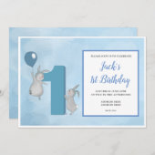 Invitation Lapin avec Balloon - 1er Anniversaire - Bleu (Devant / Derrière)
