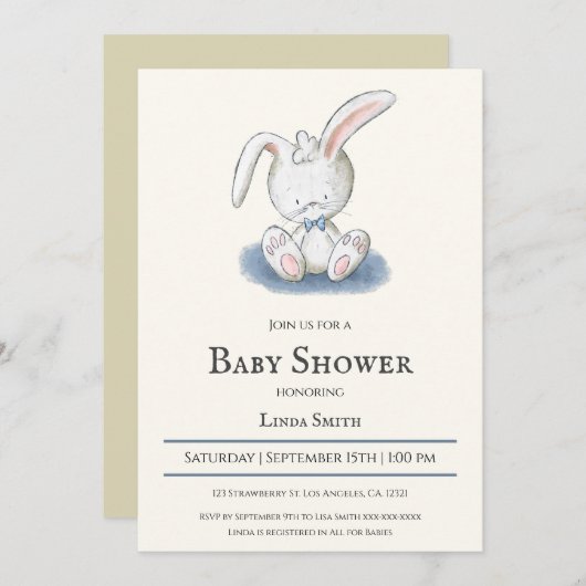 Invitation Lapin avec Cravate Bleu Bow Baby shower garçon (Devant / Derrière)