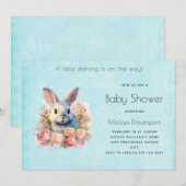 Invitation Lapin avec une guirlande de roses Fête de bébé ado (Devant / Derrière)