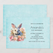 Invitation Lapin avec une guirlande de roses Joyeux Anniversa (Devant / Derrière)