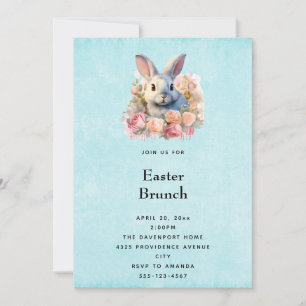 Invitation Lapin avec une guirlande de roses Pâques mignon