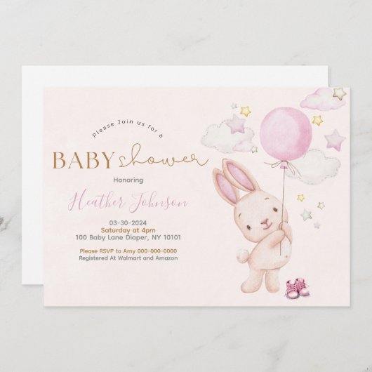 Invitation Lapin Baby shower fille (Devant / Derrière)