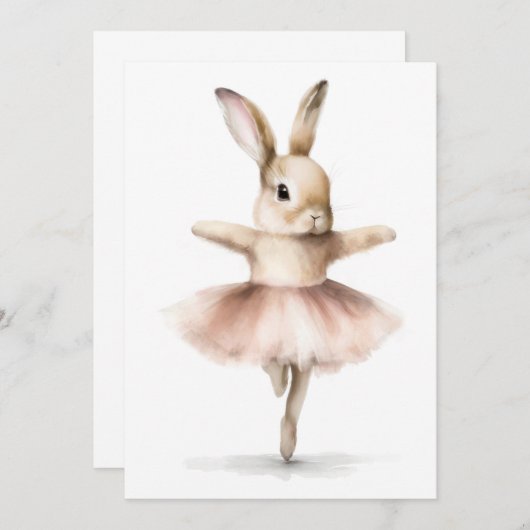 Invitation Lapin ballerine à l'aquarelle dansant rose chamois (Devant / Derrière)