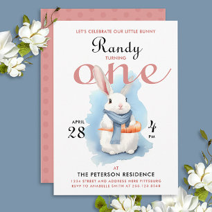 Invitation Lapin blanc rose bleu mignon pour le premier anniv