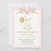 Invitation Lapin blanc rose vintage 1er anniversaire (Devant)