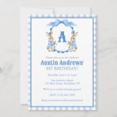 Invitation Lapin Bleu Bunny Gingham Monogramme Crête Annivers (Devant)