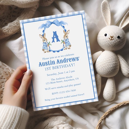 Invitation Lapin Bleu Bunny Gingham Monogramme Crête Annivers