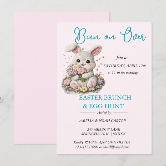 Invitation Lapin brodé PÂQUES BRUNCH & CHASSE (Devant / Derrière)