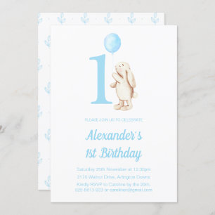Invitation Lapin Cute et Balloon Bleu 1er anniversaire