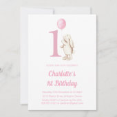 Invitation Lapin Cute et Balloon rose 1er anniversaire (Devant)