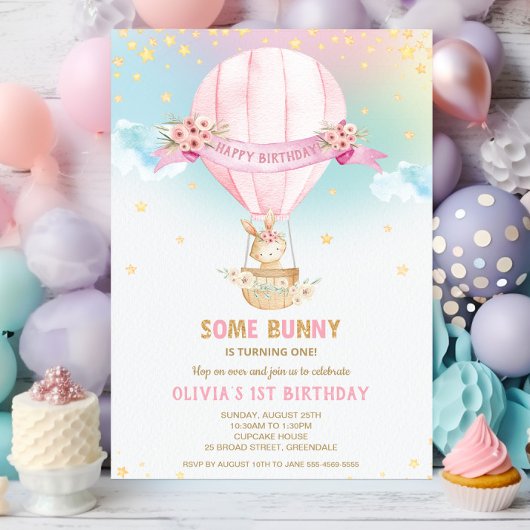Invitation Lapin Cute Lapin Hot Air Balloon 1er anniversaire