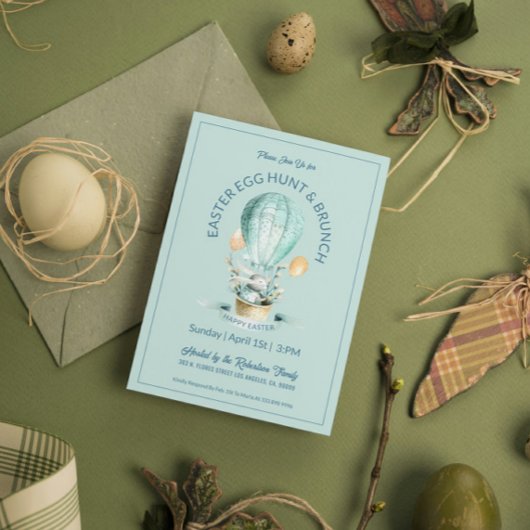 Invitation Lapin dans un panier de ballon chaud avec fleurs d