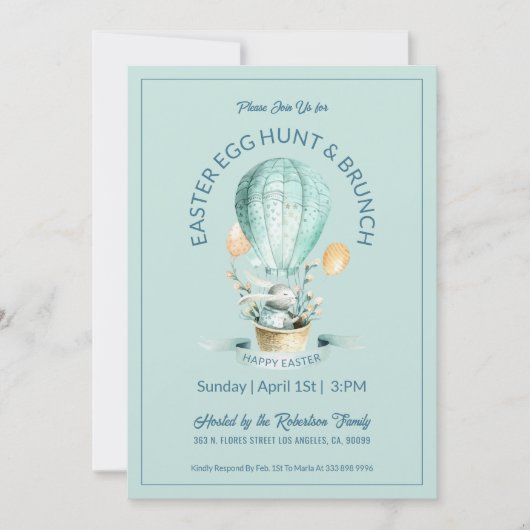 Invitation Lapin dans un panier de ballon chaud avec fleurs d (Devant)