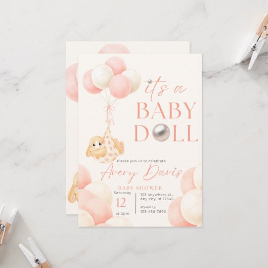 Invitation Lapin dans un thème rose bébé shower (Devant/Arrière en situation)