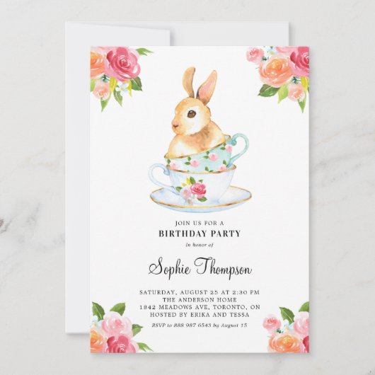 Invitation Lapin d'aquarelle sur les Tea-ups Anniversaire Tea (Devant)