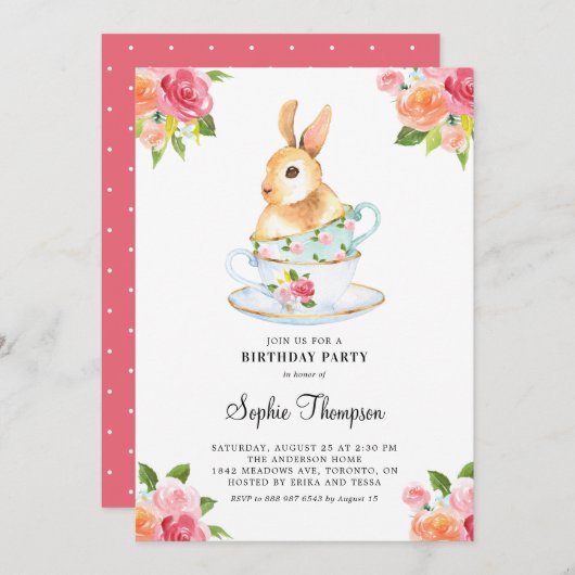 Invitation Lapin d'aquarelle sur les Tea-ups Anniversaire Tea (Devant / Derrière)