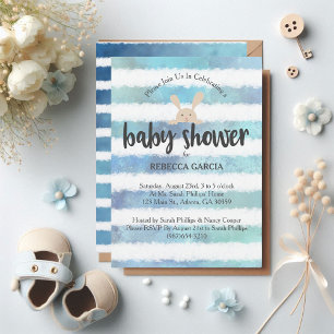 Invitation Lapin de Baby Shower Bleu Blanc Rayure Aquarelle