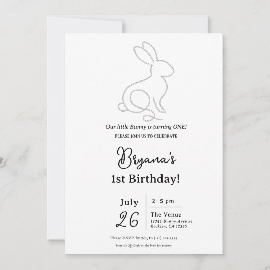 Invitation Lapin de corde Minimaliste Moderne 1er Anniversair (Devant)