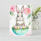 Invitation Lapin de fleurs roses vert printemps Œuf de Pâques (Debout devant)