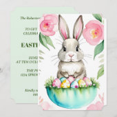 Invitation Lapin de fleurs roses vert printemps Œuf de Pâques (Devant / Derrière)