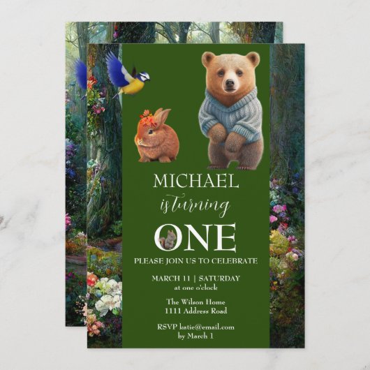 Invitation Lapin de miel et ours de boo 1er anniversaire (Devant / Derrière)