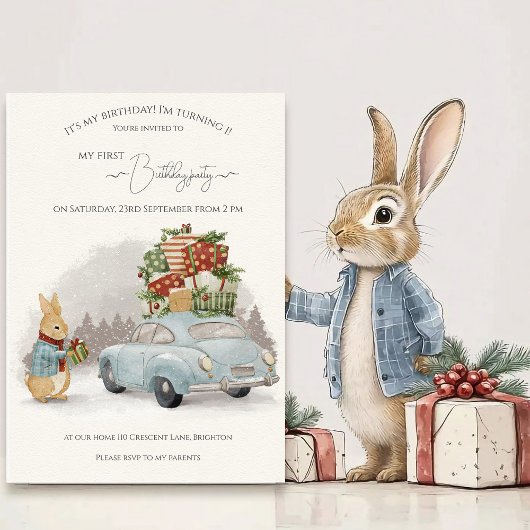 Invitation Lapin de Noël Pierre et Voiture