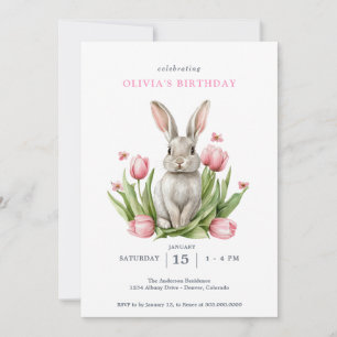 Invitation Lapin de Pâques aux tulipes aquarelles roses