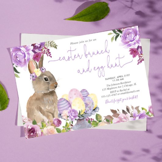 Invitation Lapin de Pâques, brunch de Pâques fleuri et chasse