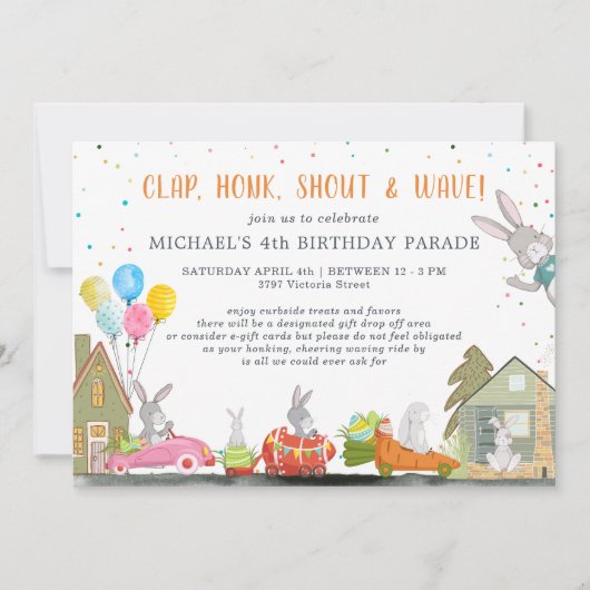 Invitation Lapin de Pâques | Drive By Birday Parade Party (Devant)