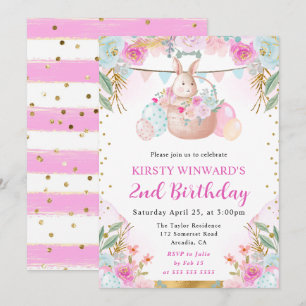 Invitation Lapin de Pâques et fleurs à l'aquarelle pour un an