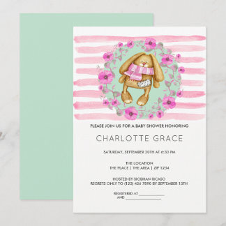 Invitation Lapin de Pâques et fleurs roses Baby Shower