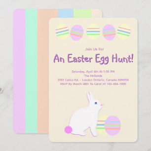 Invitation Lapin de Pâques heureux et œufs sur rayures pastel