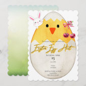 Invitation Lapin de Pâques jaune avec nœud cerise à la recher (Devant / Derrière)