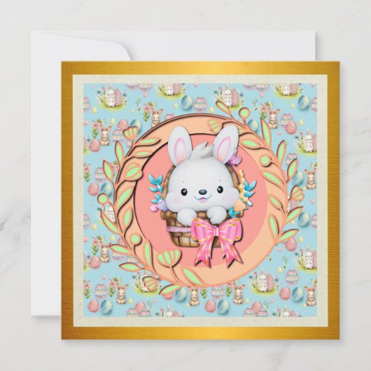 Invitation Lapin de Pâques mignon assis dans le panier (Devant)