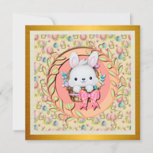 Invitation Lapin de Pâques mignon assis dans le panier