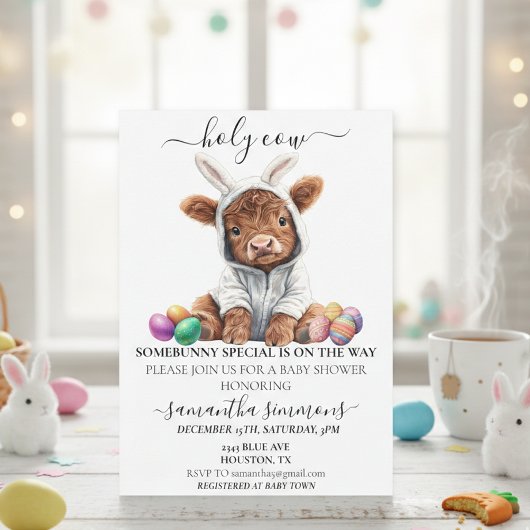 Invitation Lapin de Pâques Vache Highland Fête bébé