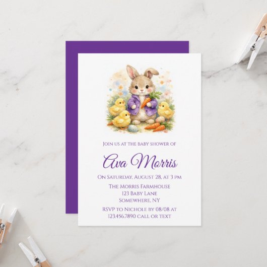 Invitation Lapin de Pâques Veste Violette Baby Shower (Devant/Arrière en situation)
