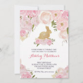 Invitation Lapin doré Fleurs roses Anniversaire (Devant)