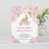 Invitation Lapin doré Fleurs roses Anniversaire (Debout devant)