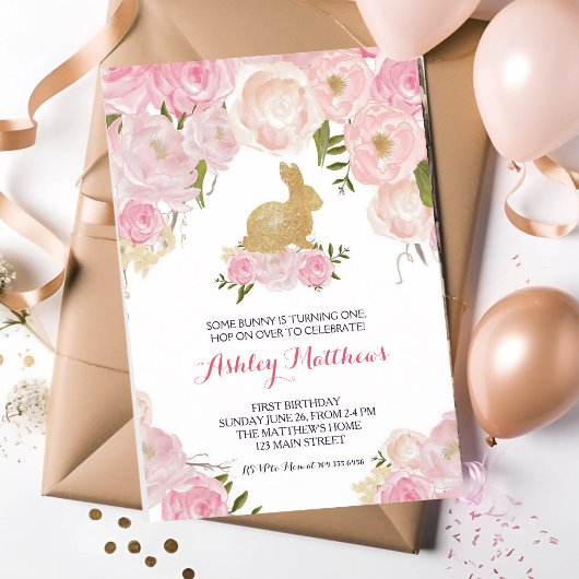 Invitation Lapin doré Fleurs roses Anniversaire