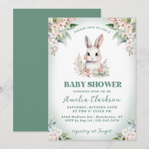 Invitation Lapin en peluche vert clair et floral Baby Shower