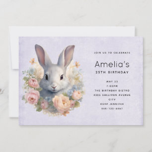 Invitation Lapin entouré de fleurs pastel Joyeux Anniversaire