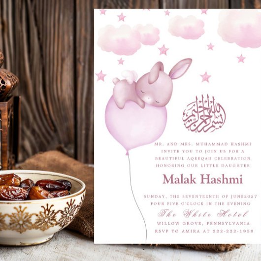 Invitation Lapin et étoile bébé fille islamique Aqiqa Aqeeqa