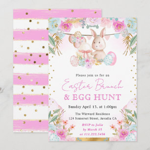 Invitation Lapin et fleurs à l'aquarelle, brunch de Pâques