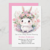 Invitation Lapin et fleurs bébé fille douche (Devant / Derrière)