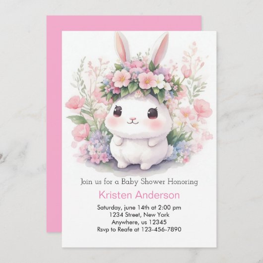 Invitation Lapin et fleurs bébé fille douche (Devant / Derrière)
