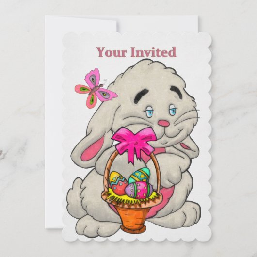 Invitation Lapin et panier CUSTOM 1re chasse aux oeufs de Pâq (Devant)